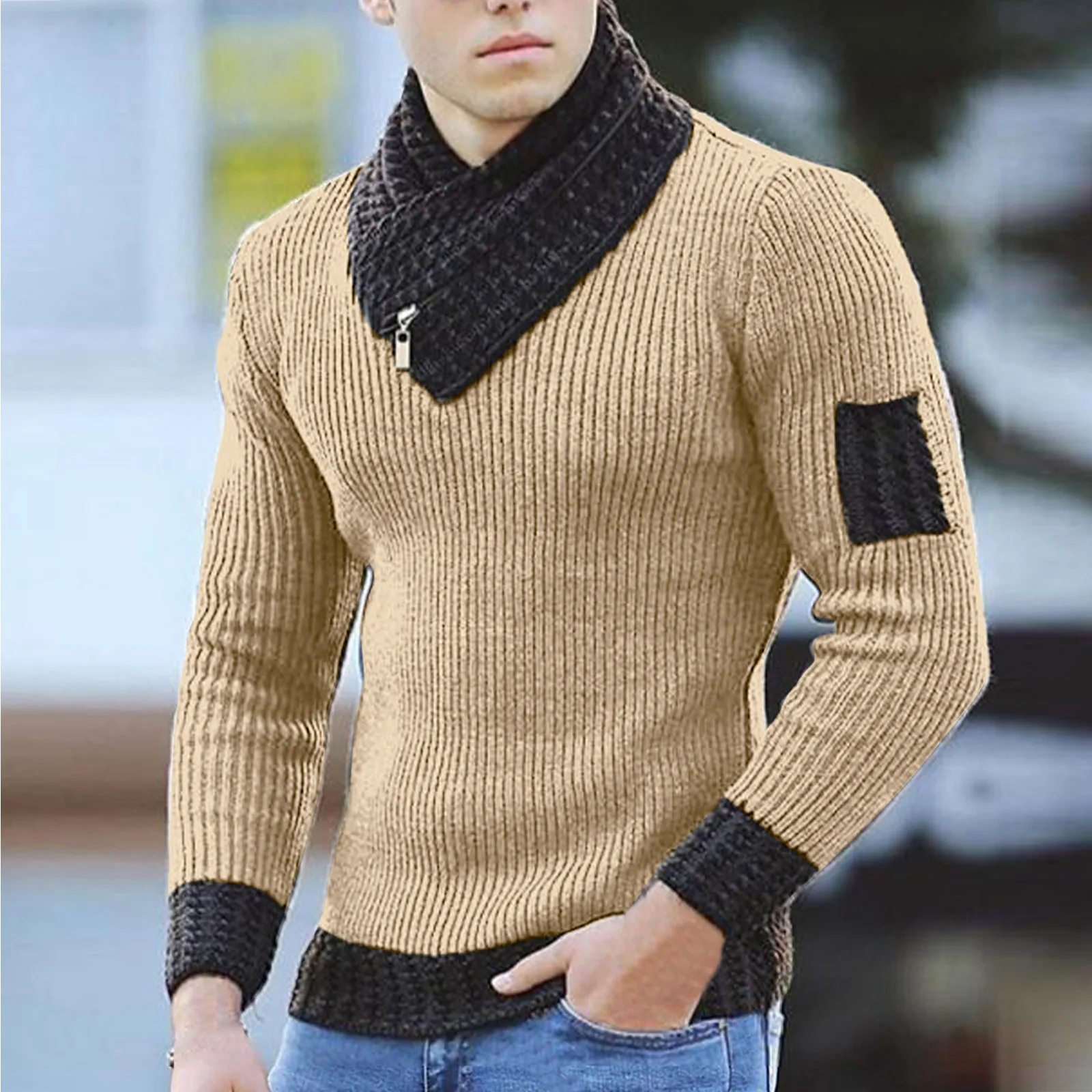 Solid Men'S Scarf Sweater England Warm Stand Collar Pullover ;Large Size Male Long Sleeve Stretch Knittwear Slim Fit Pullover