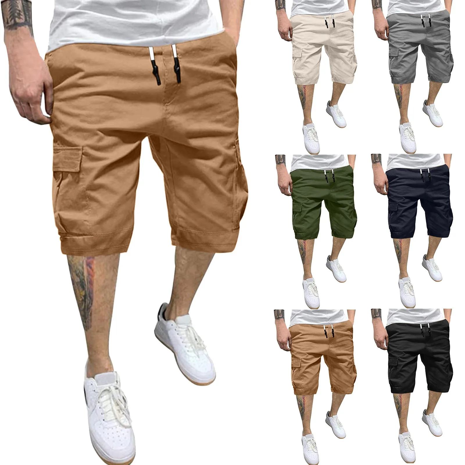 Male Summer Solid Color Casual All Shorts Fashionable Woven Cargo Pants With Pockets
