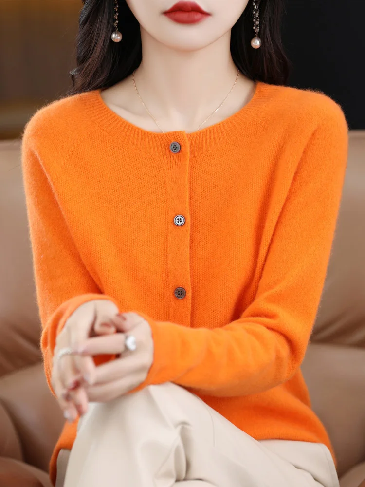 여성용 울 가디건, O넥 긴팔 스웨터, 100% 메리노 울 니트웨어, 그레이스 베이직 의류, 2024 용수철 가을 신상