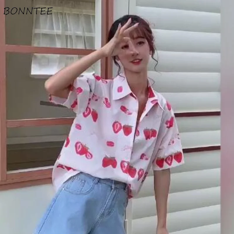 

Рубашки с принтом, летняя трендовая рубашка с коротким рукавом в Корейском стиле для милых девушек, молодежная Милая уличная одежда
