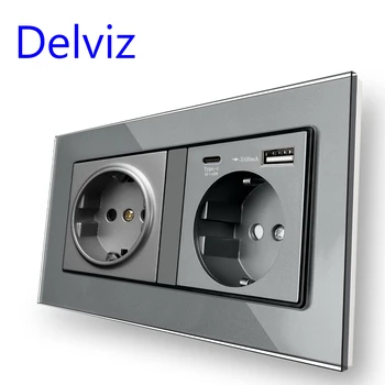 Delviz 벽면 전원 이중 콘센트, usb 빠른 충전 포트가있는 5V 3100mA, 강화 유리 패널, EU 표준 18W 유형 C USB 소켓