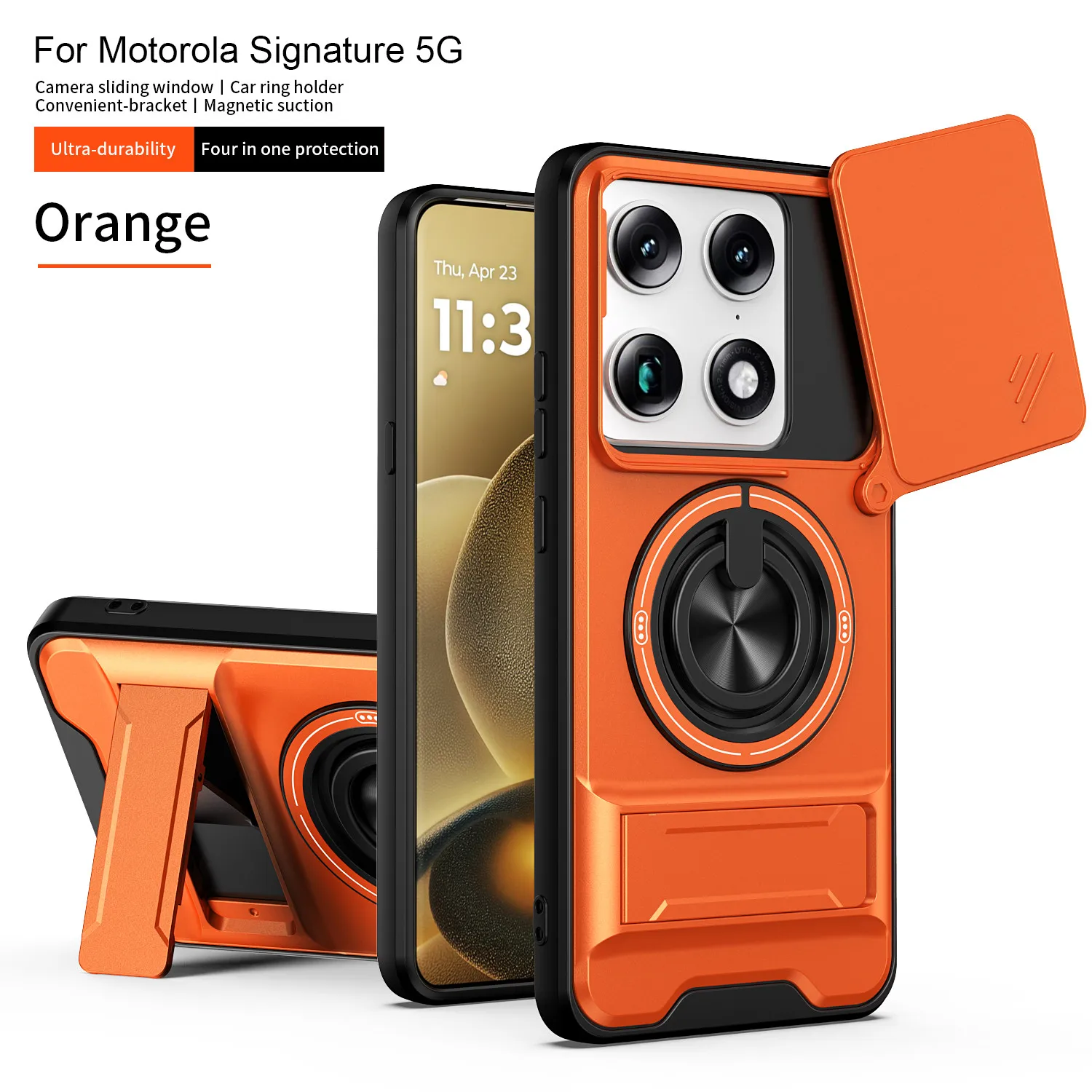 Shockproof Armor  with Slide Lens Protector and Magnetic Ring Stand