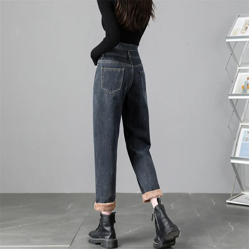 Women Thermal Jeans Warm Plush High Waist Stretch Baggy Jeans