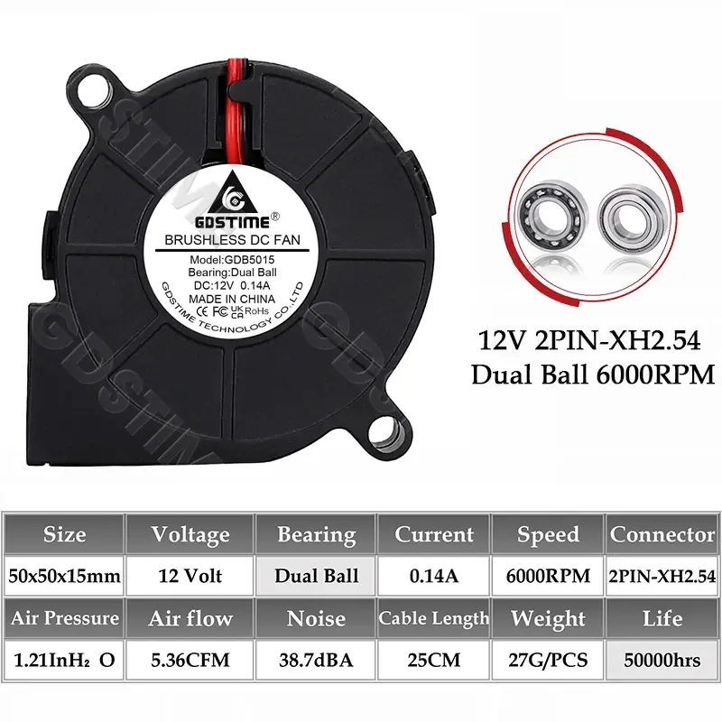 Gdstime 5015 Blower Fan 24V 12V 5V 50MMx15MM Turbine Radial Fan 5015 Dual Ball High Speed Cooler for 3D Printer Parts Cooling image 12