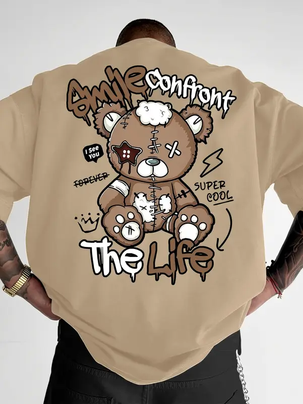 Summer new men's fashion style teddy bear letter print comfortable and breathable round neck T-shirt outdoor high street top - Image 4