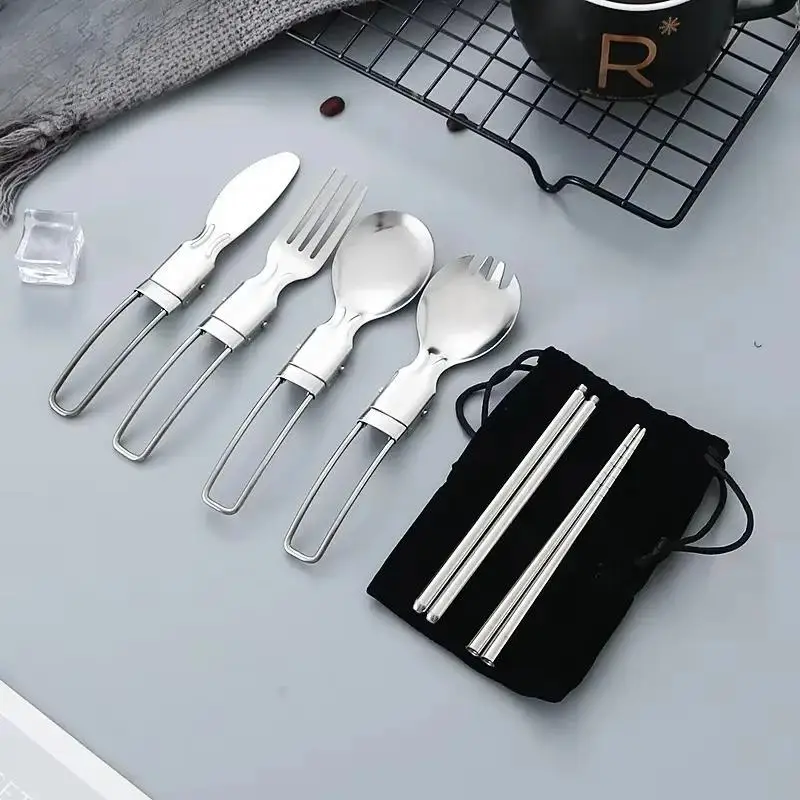 Creative Folding Design Outdoor Portable Picnic Tableware Set Stainless Steel Folding Salad Spoon Fork Chopsticks Kitchen Tools
