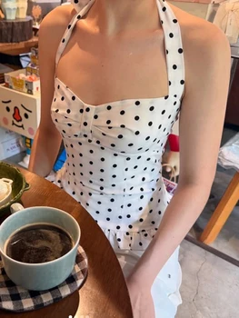 Weird Puss Polka Dot Print Top Women Halter Low-Neck Bandage Ruffles Backless Sleeveless Skinny Summer Trend Street Basic Vest 1