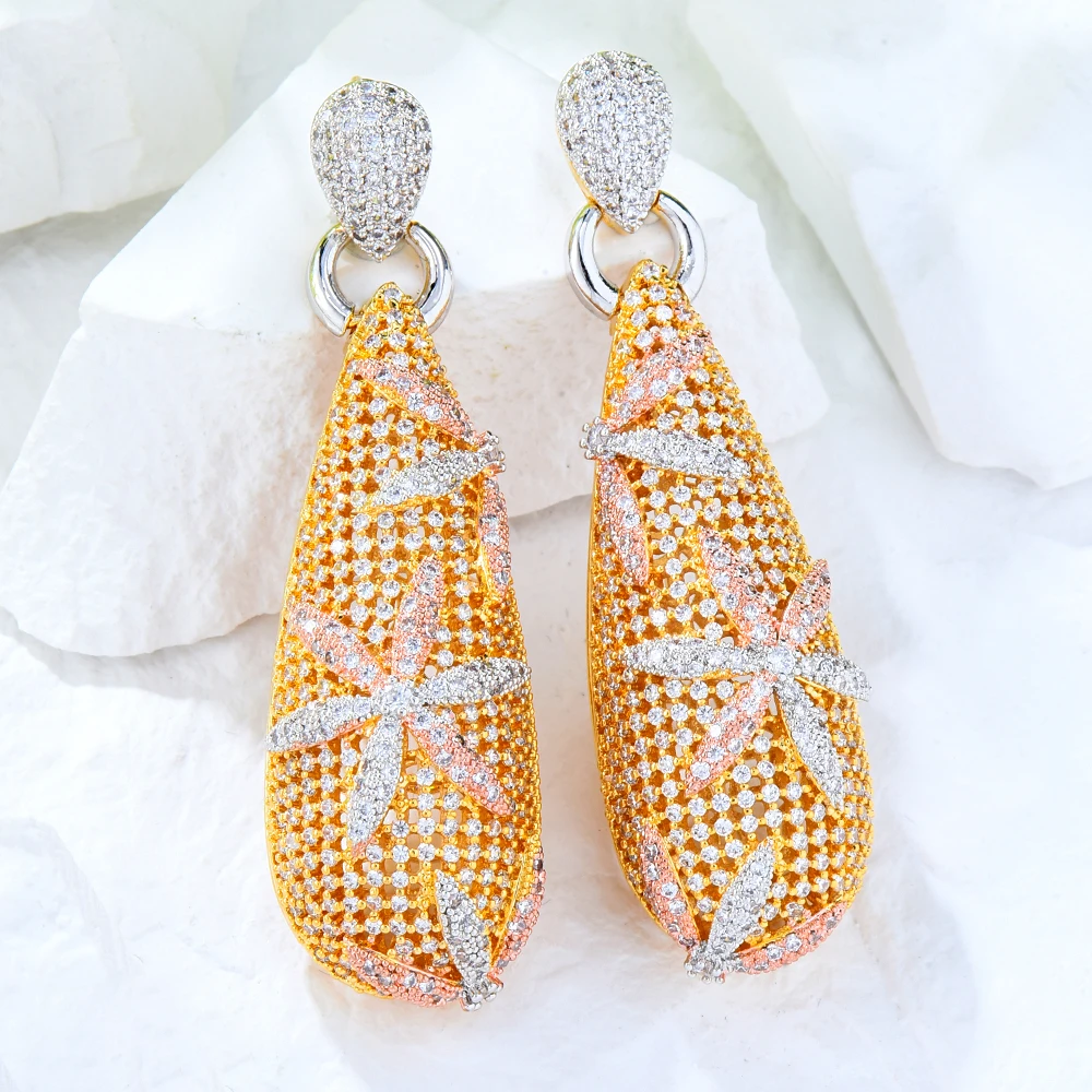 

Missvikki Exclusive Tassel Shiny Drop Earring For Women Wedding Flower 3Tone Geometry Full Mirco Cubic Zircon Nigerian Earrings