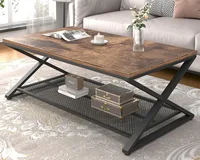 Coffee Table with Storage,Industrial Wood Metal 2 Tier Center Living Room Table with Mesh Shelf 1