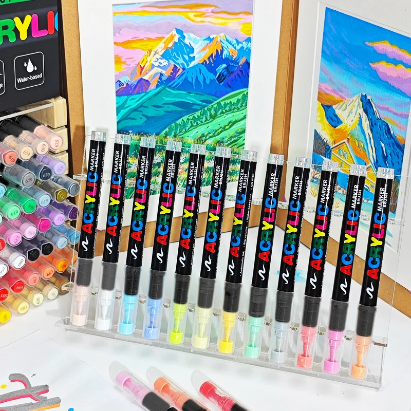 12-72 색상 아크릴 페인트 마커 세트 직접 액체 잉크 아크릴 페인트 펜 소프트 브러시 팁 아트 펜 어린이 성인을위한 DIY 공예