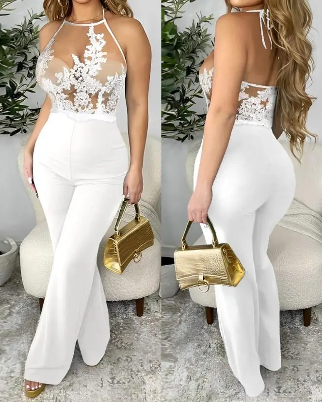 Women's Sexy Summer Casual Elegant Jumpsuit 2024 New Guipure Lace Spaghetti Strap Sheer Mesh Jumpsuit
