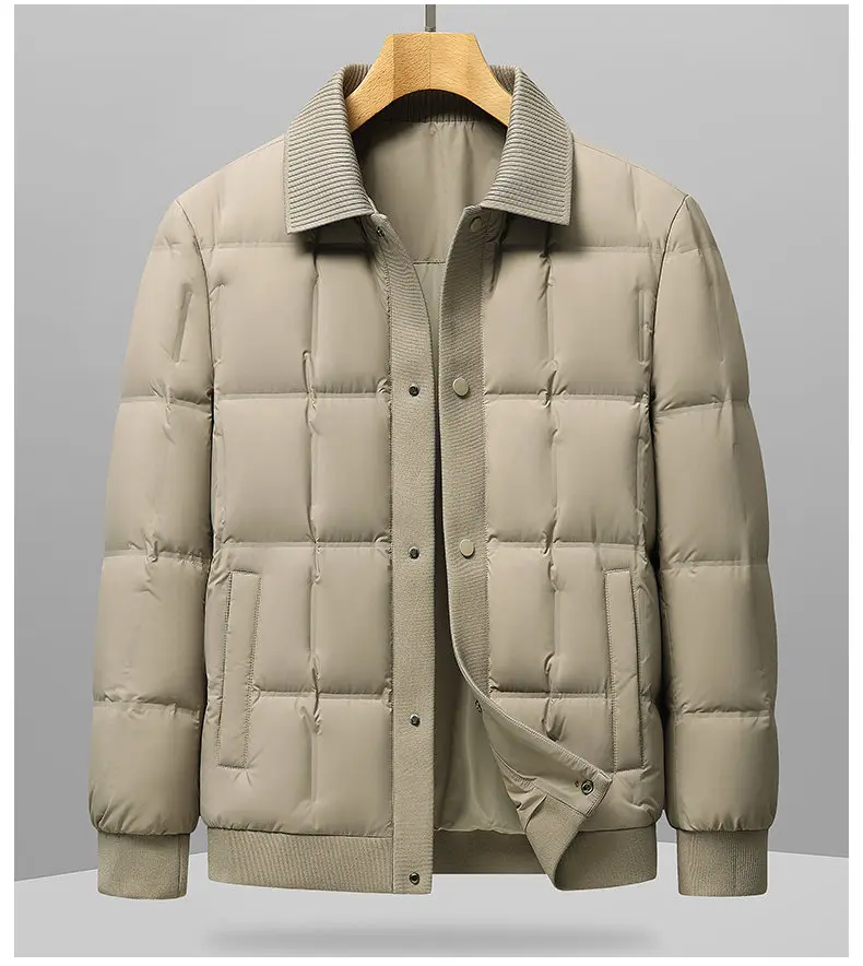 Lässige Herren-Daunenjacke mit Einzelknopfverschluss aus Weißer Entendaune für Herbst und Winter - Leichte, Warme Oberbekleidung, Gesteppte Parka-Jacke – Detail 9