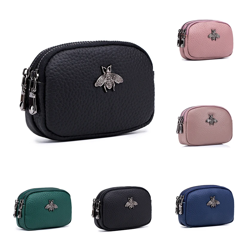 

Womens Small 2 Zippered Change Pouch Wallet Bee Genuine Leather Cion Purse For Women Mini Cash Wallet Key Holder Money Pouch