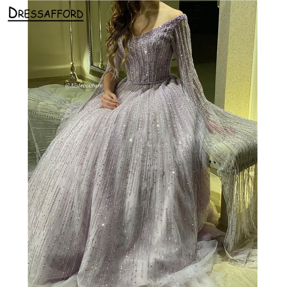 Lilac Beaded Elegant Luxury V-Neck Evening Dresses Gowns 2023 For Women Muslim Party