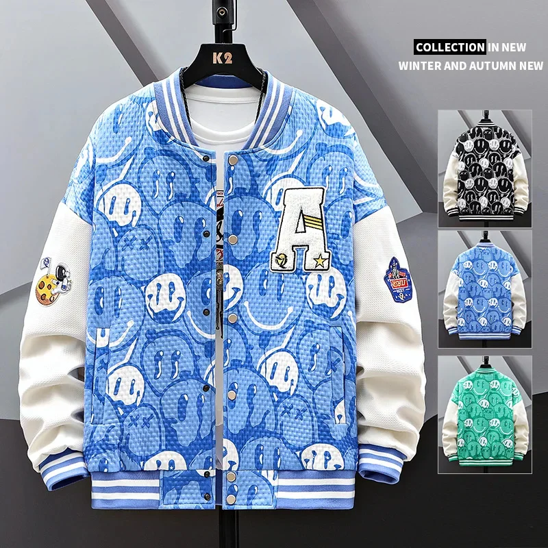 

Embroidered Combination Patch Bomber Jacket Men's Spring Smiling Face Baseball Clothes Trendy Style Youth Fashion Couple Coats