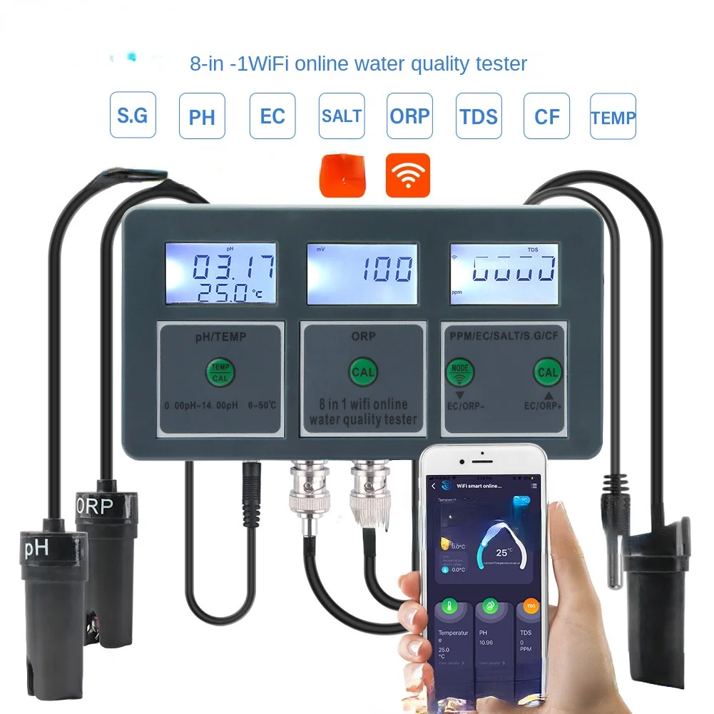 

wifi mobile APP 8-in-1 water quality tester PH/ORP/EC/SALINITY fish tank 8-in-1 online detector