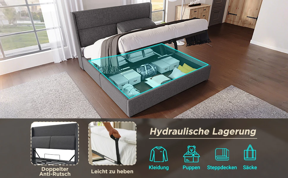 Gepolstertes Doppelbett 160x200cm, verstellbare Kopfstützen, hydraulischer Rahmen mit Stauraum, graues Leinen. – Detail 27