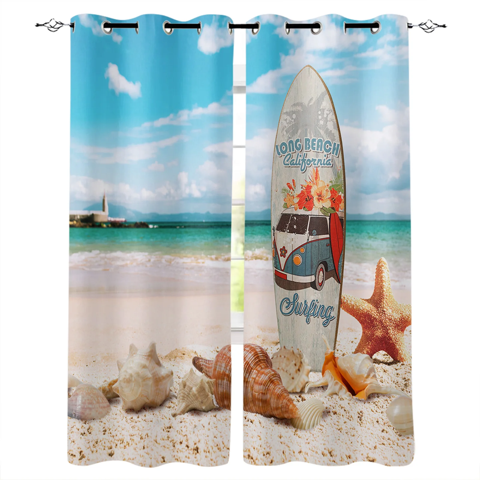 

Surfboard Beach Starfish Shell Window Curtains for Living Room Bedroom Kitchen Modern Curtains Home Decoration Drapes Blinds