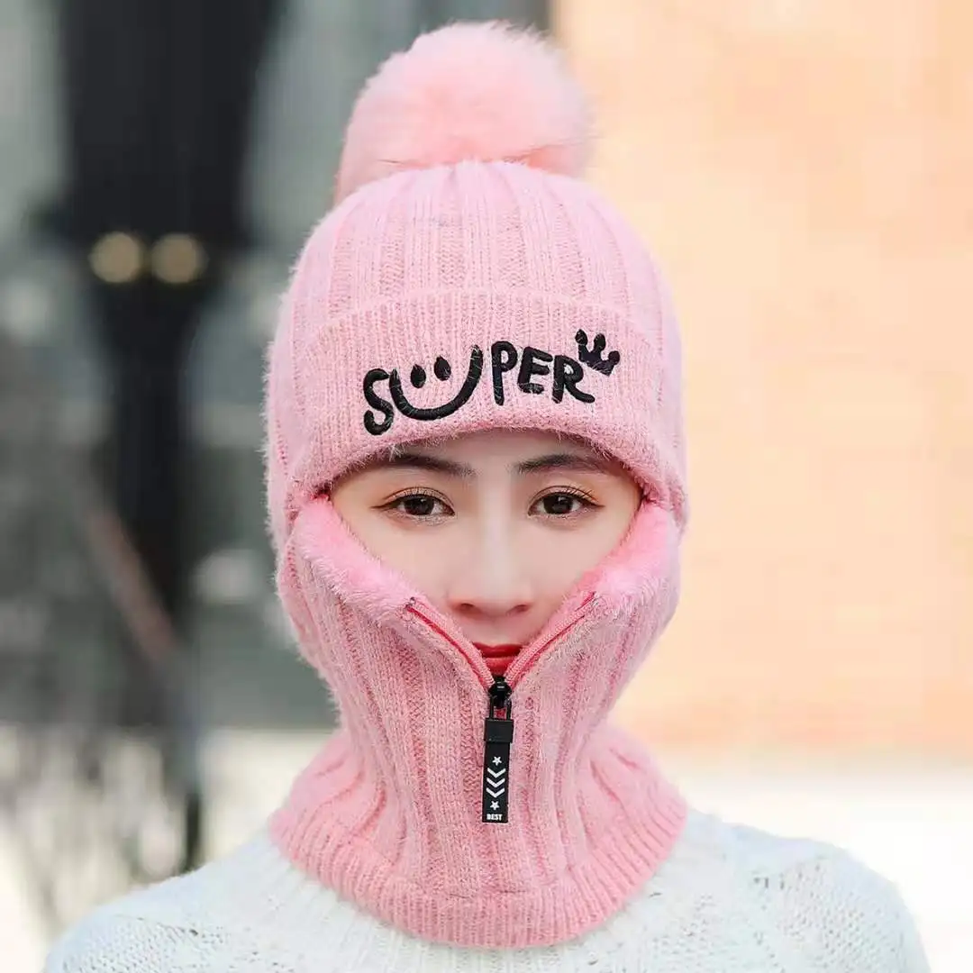 Coral Fleece Winter Women Knitted Hats Add Fur Warm Winter Hats For Women With Zipper Keep Face Warmer Balaclava Pompoms Caps 4