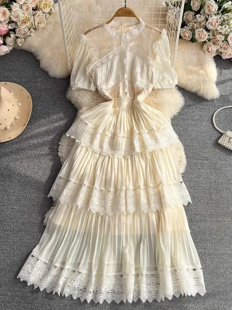 

Новое Элегантное кружевное платье в стиле пэчворк бежевое шифоновое Плиссированное женское платье с пышными рукавами и круглым вырезом с высокой талией вечернее длинное платье