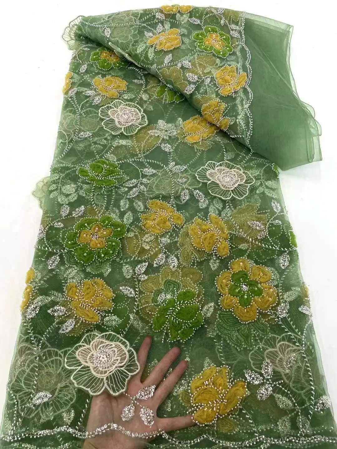 

Африканская кружевная ткань 2024, кружевная ткань ручной работы из бисера, французские блестки, нигерийская вышивка, сетка для невесты, кружевная ткань для шитья WS