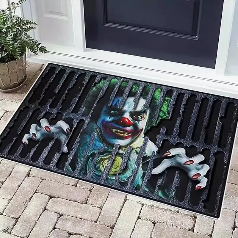 VIKAMA 3D Visual Vertigo Carpet Floor Mat Halloween Clown Non-Slip Easy Care Door Mat Foot Manhole Cover Scary Grimace floor mat