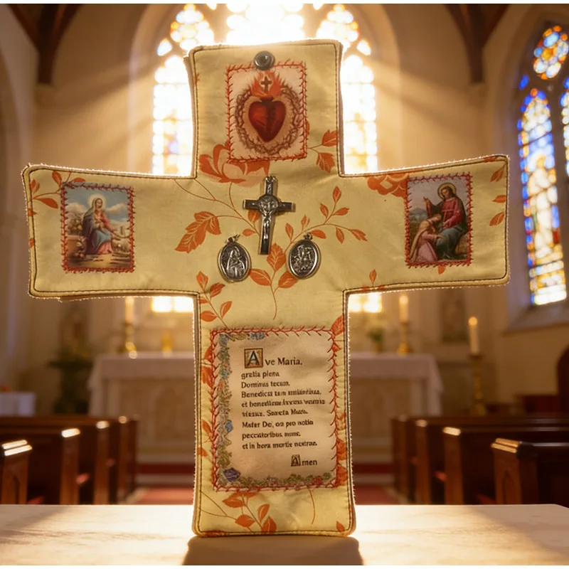 Handgefertigtes Taschenheiligtum mit Kreuz im Inneren, Glaubenskreuz-förmiger Stoffbeutel zum Nähen mit Heiligenbildern und Gebeten ﻿ – Detail 12