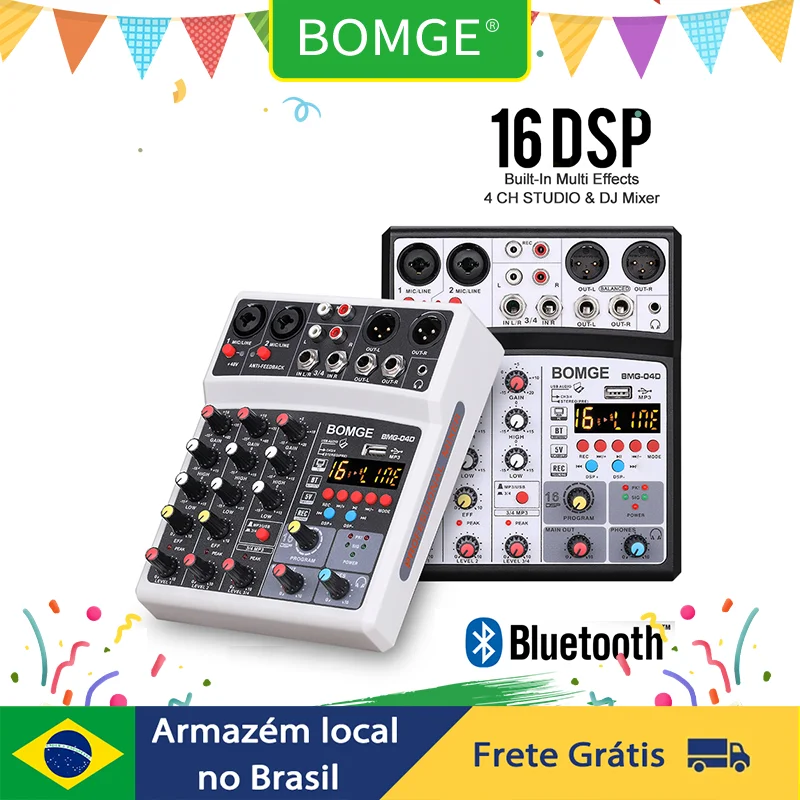 Audio Sound Mixer com USB, 4 Canais, Mixagem DJ Console, 48V Phantom Power, 16 Efeitos DSP