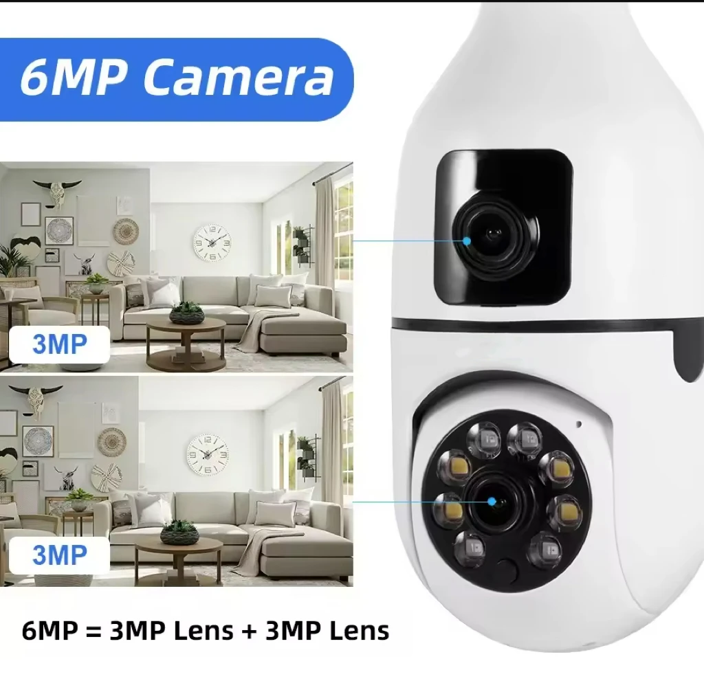 CCTV Security Camera with Dual Lens, PTZ Camera, Night Vision, Human Detection, Wi-Fi, Smart Home, 6MP Bulb, 2.4Ghz 2