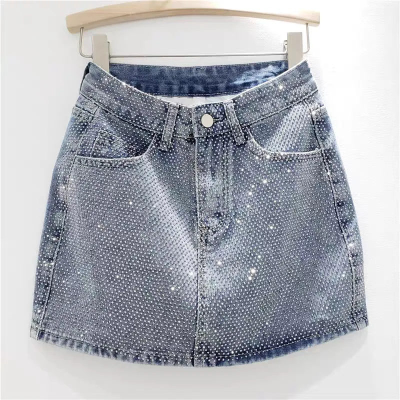 2024 autumn new heavy industry hot diamond solid color denim skirt women's fashion high waist and thin A word hip skirt - AliExpress 