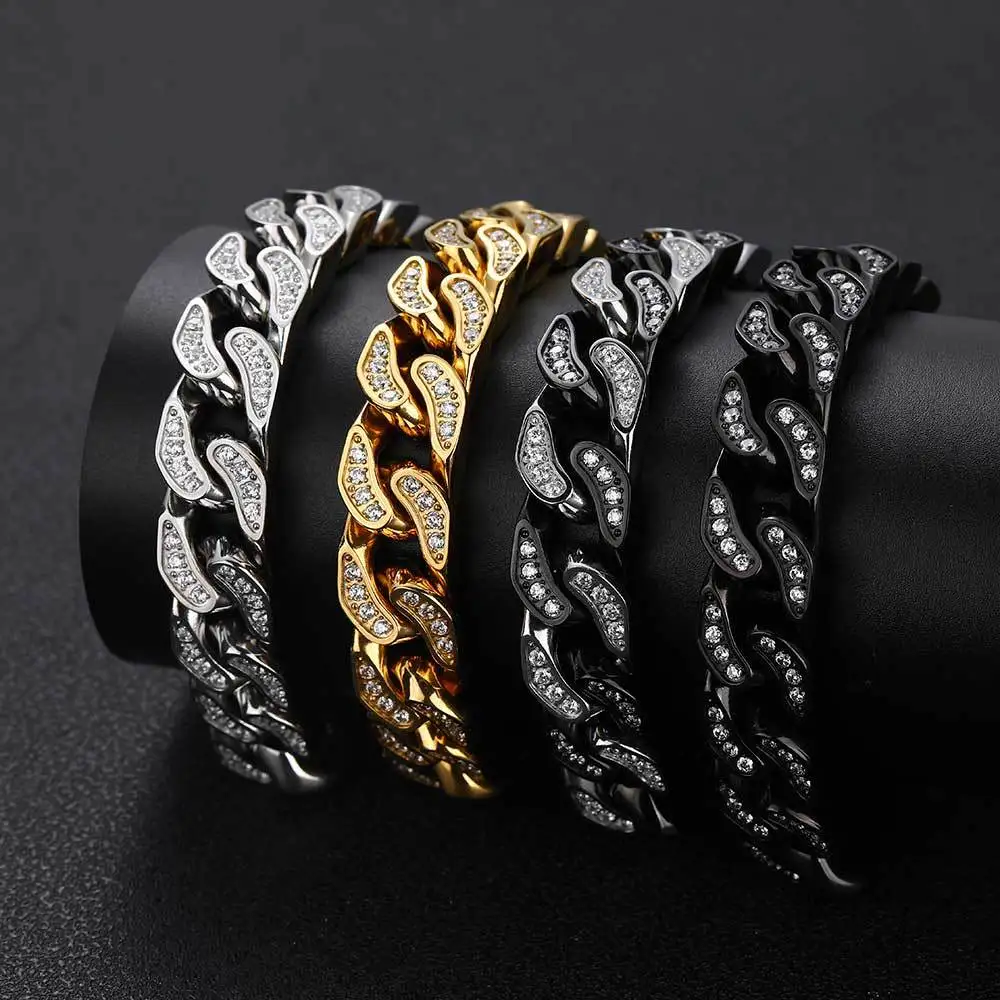 

Hip Hop 12mm Stainless Steel Zircon Cuban Bracelet For Men Miami Iced Out Cubic Zirconia Link Chain Bracelets Four-side Polished