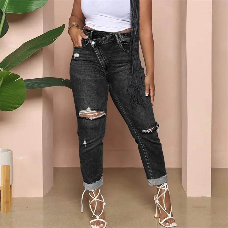 Pantalones vaqueros con agujeros rotos en la rodilla para mujer