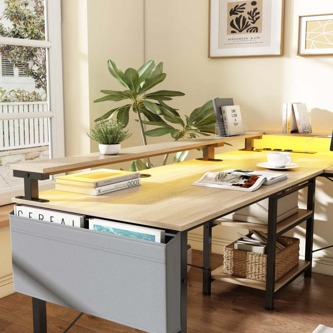 Eckschreibtisch mit Doppelablage L-förmig Computer Tisch mit Regal und Haken höhenverstellbar 140cm – Detail 4