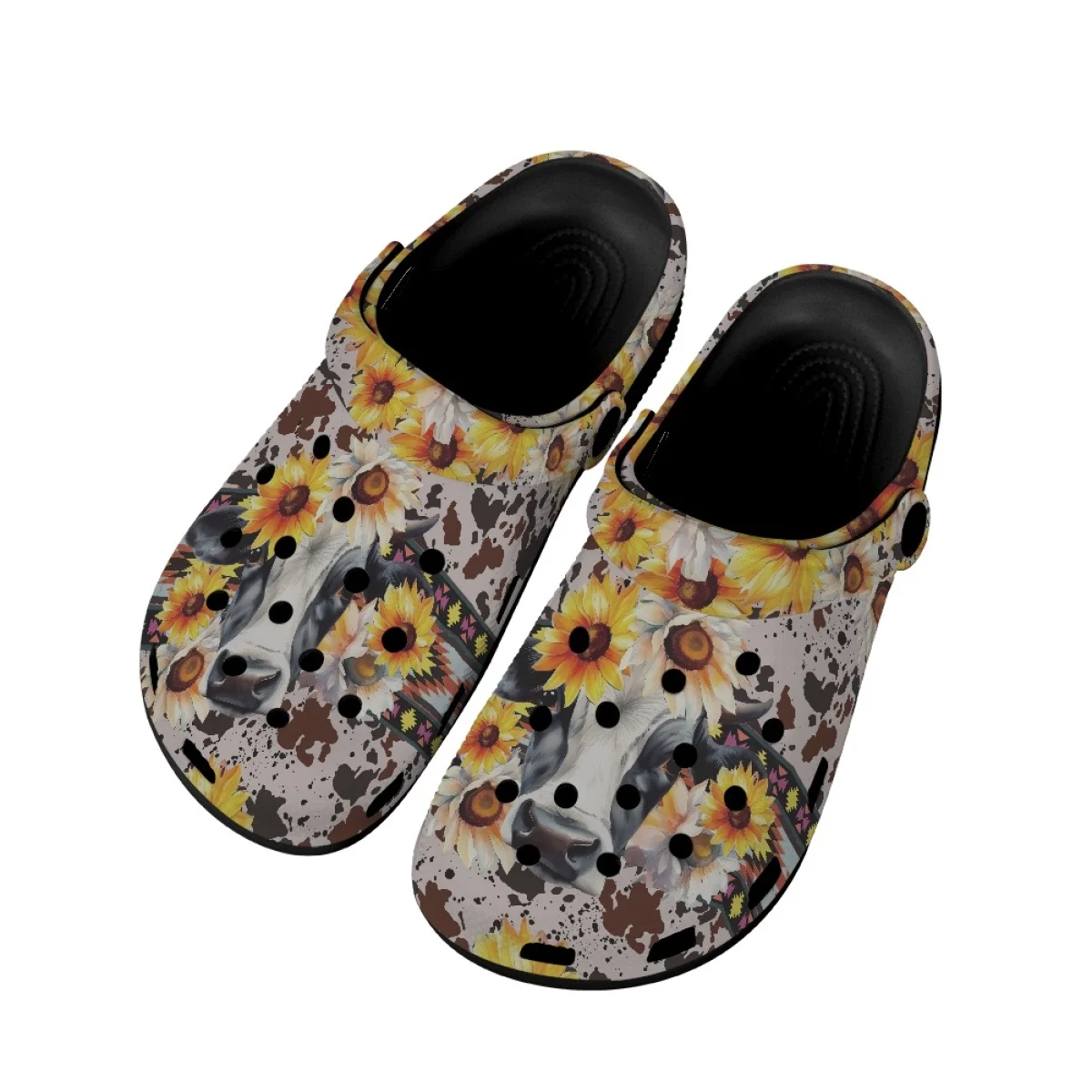 Print on Demand Women Sandals Cow with Sunflower Design Fashion Breathable Girls Home Slippers for Bathroom Beach Clogs Non Slip