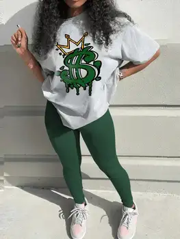 Crown Letter Print Pants Set Y2K Summer Round Neck Graphic Short Sleeve T-shirt & Skinny Pants Suit 2 Piece Sets Women Outfit 1