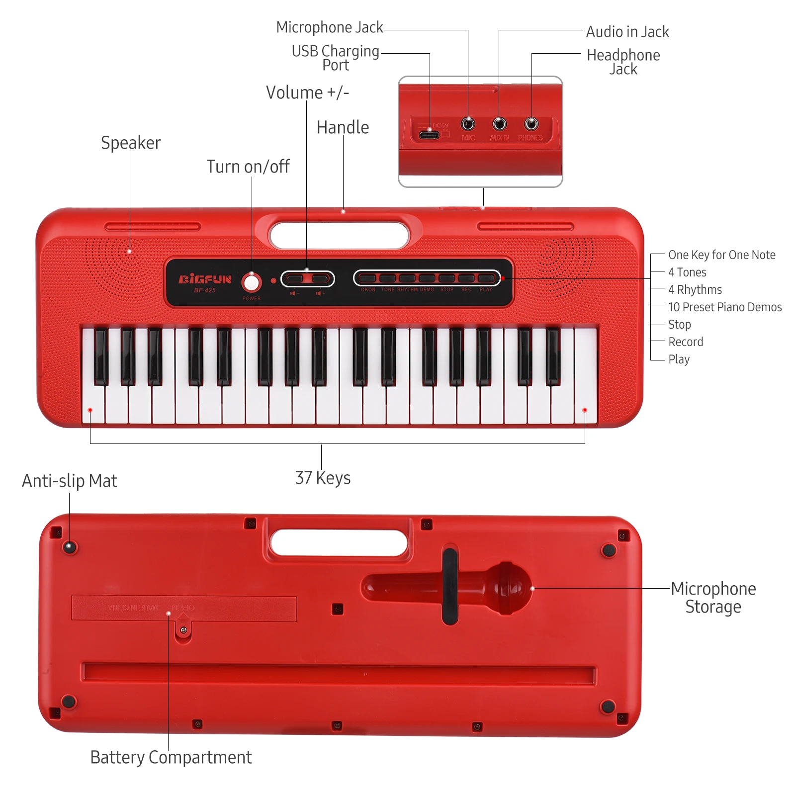 37 Key Children Electronic Piano Mini Microphone Preset 10 Demos Supports Recording Headphone/ Aux in Jack Keyboard