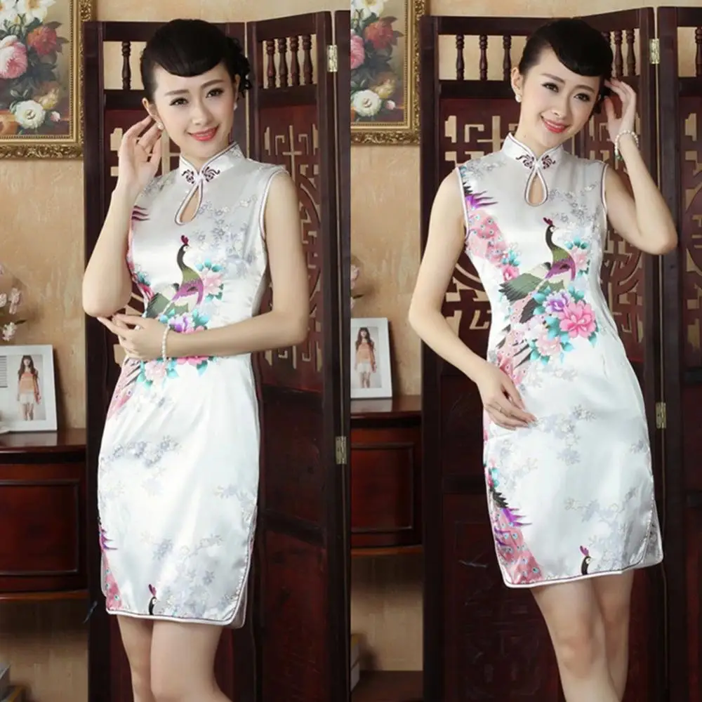 Sexy Women Sleeveless Qipao Dress Mandarin Collar Peacock Print Side Slitting Hem Short Dress Satin Evening Party Vestidos