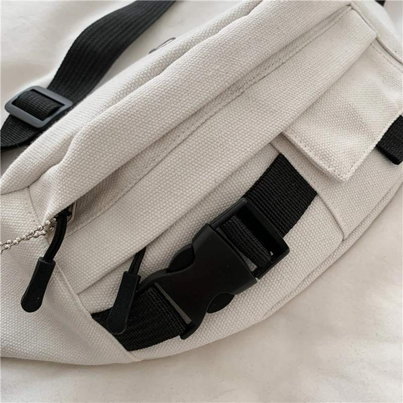 Canvas estilo Harajuku Fanny Pack, bolsa de cintura feminina, saco de peito esportivo, preto e branco, bolsa de corrida casual, nova