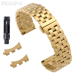 Premium Solid Stainless Steel Watch Band with Curved/Flat End - Available in 18mm, 20mm, 22mm Sizes - 22mm (Gold)