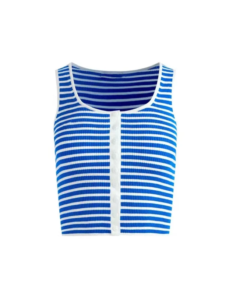 Crop Halter Top   Women's Knit Short Striped Square Neck Tank Undershirt stripe Print womens petite size Scoopneck sleeveless straps cashmere knitted Tops Cropped T-Shirts for woman in blue with white trim