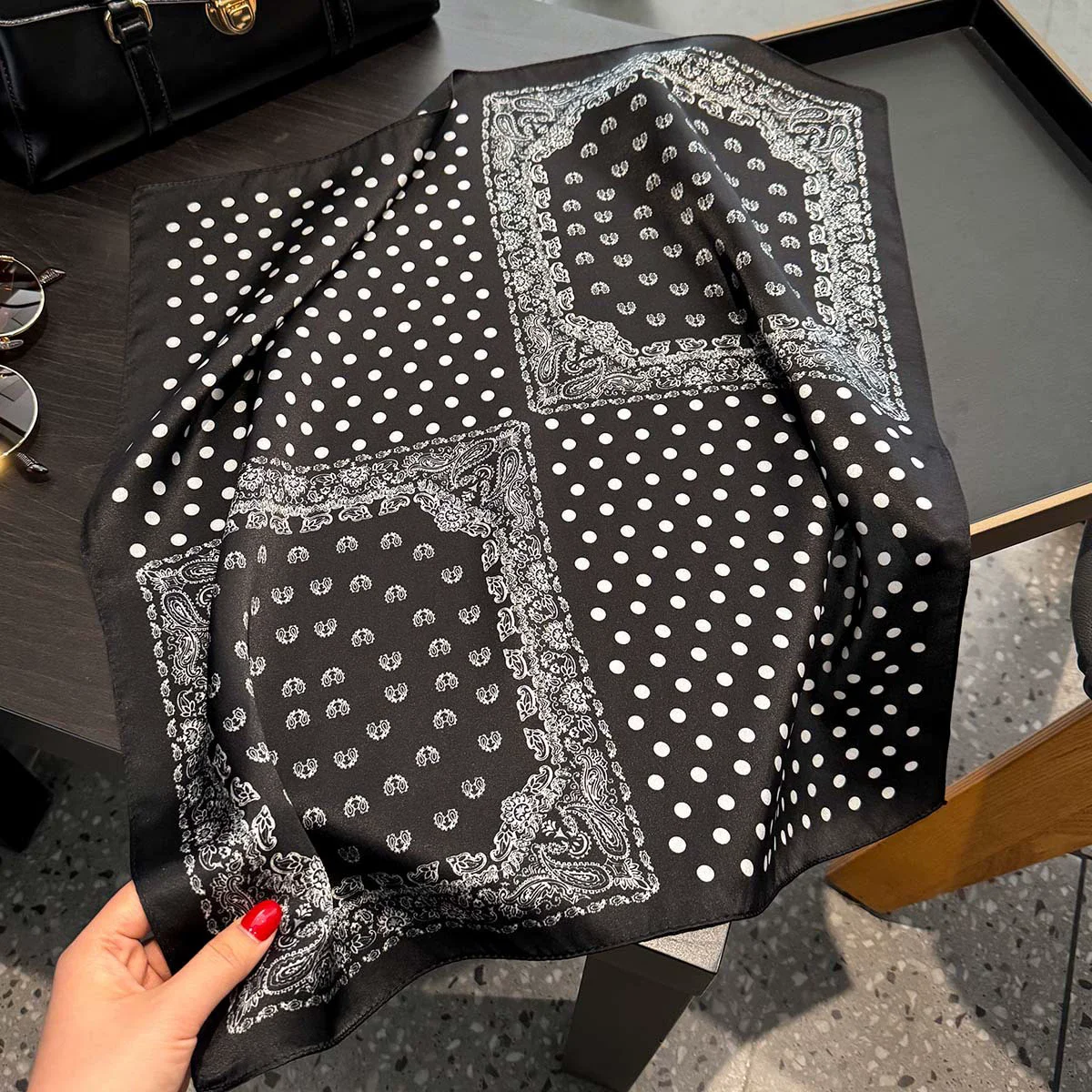 100% Pure Silk Square Scarf Women Dot Print Neckerchief Bandana