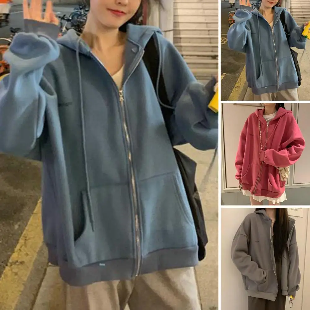 

Women Solid Color Zipper Hoodies Harajuku Y2K Drawstring Long Sleeve Hooded Sweatshirts Korean Casual Pocket Jacket Streetwear