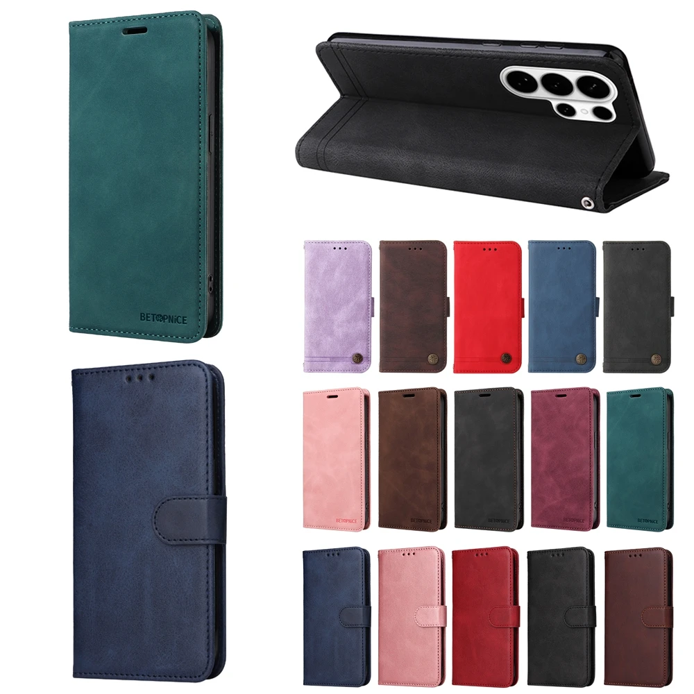 Premium Magnetic Leather Flip Wallet Case with Kickstand - Classic Business Design