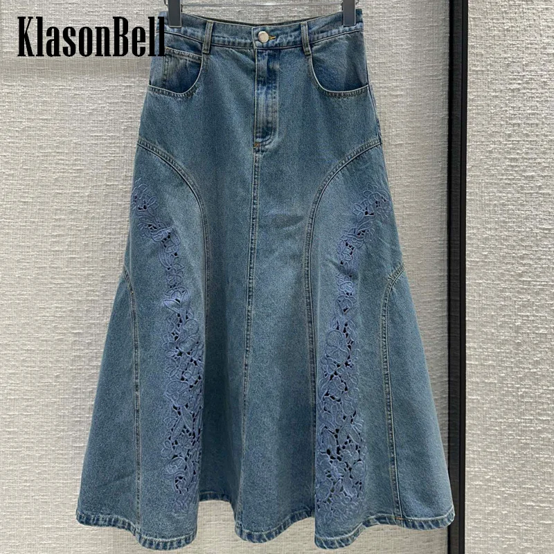 

4.29 KlasonBell Women's Flower Hollow Out Embroidery Denim Midi Skirt Classic All-matches Package Hip A-Line Hem Skirt