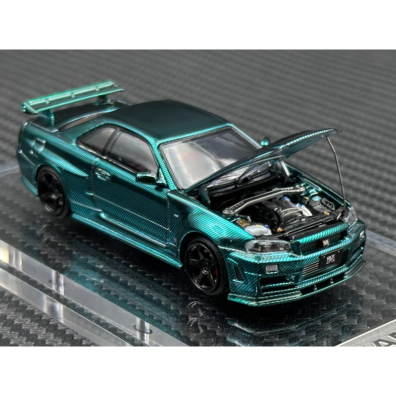 TM In Stock 1:64 Skyline GTR R34 Z TUNE Chrome Green Carbon Hood Diecast Diorama Car Model Time TOP Micro 6
