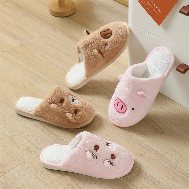 Autumn and Winter Cute Cartoon Pig Cotton Slippers Indoor Household Bedroom Warm Ears Bear Plush Slippers for Men and Women 3