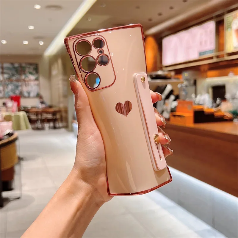 Wrist Strap Holder Plating Love Heart Shockproof Phone Case