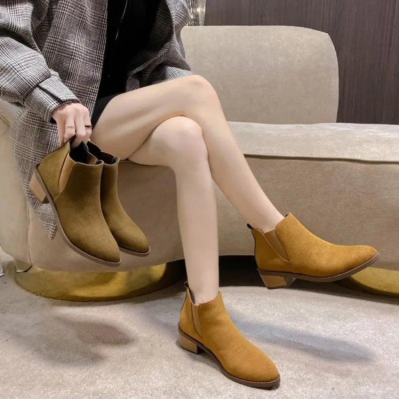 Stivaletti Slip-On Elastici In Pelle Scamosciata Naturale Da Donna Stivaletti Autunnali Con Punta Quadrata Casual Stivaletti Corti Chelsea Scarpe Cald