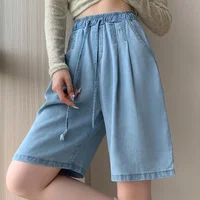 Spring Summer Tencel Cowboy Thin Women's Half Pants 2025 New High Waist Lace-up Casual Loose Wide Leg Short for Womens