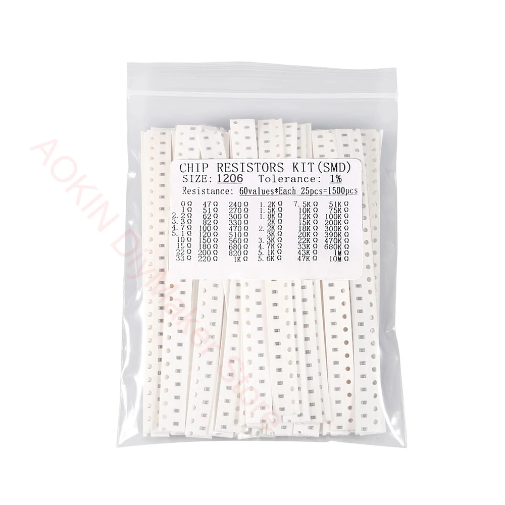 

1500PCS 1206 SMD Resistor Kit 0 ohm-10M ohm 1/4W Tolerance Thick Film 0-10MR SMT Chip Resistors Rohs Certificated 60 Values